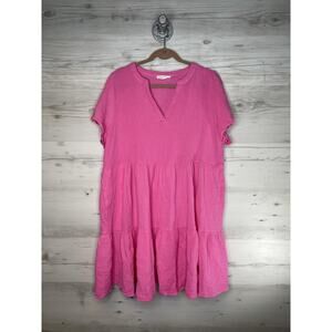 Lucky Brand Dress Womens 1X Pink Gauze Tiered Babydoll Split Neck Short Sleeve